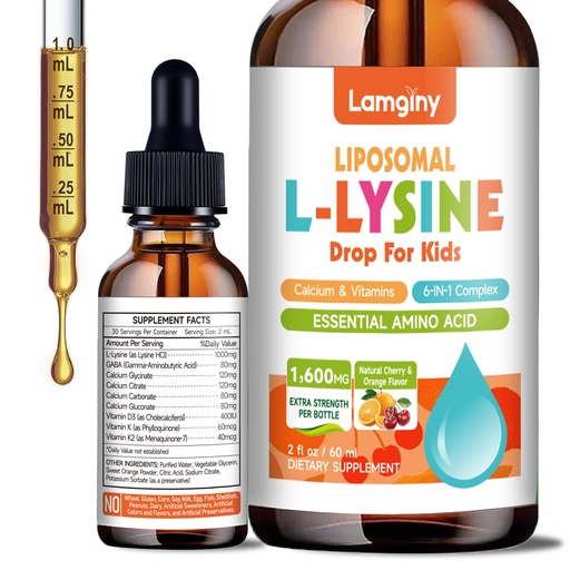 [BRSRGZD5DMJWEEQ2] L-Lysine Liqud Drops, 1000mg L-Lysine for Kids & Adults with Calcium Complex, GABA, Vitamins, Skin & Lip Health, Immune & Collagen Production Support, Non-GMO, Natural Cherry & Orange Flavor 2 FL oz