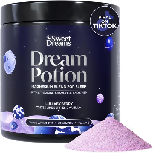 [BRSRAZLYAQIBQYIU] SweetDreams Dream Potion Sleep Support Blend with Magnesium Glycinate, Glycine, L-Theanine & Chamomile - Sugar Free Blueberry Flavor (30 Servings)