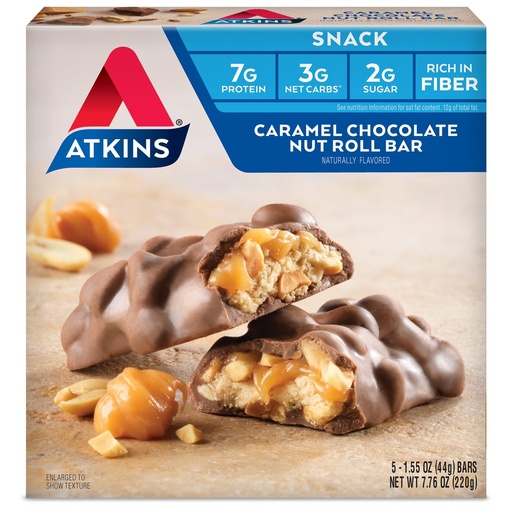 [BRSWIYAHAQMBGDDO] Atkins Caramel Chocolate Nut Roll Snack Bar, Protein Snack, High in Fiber, 2g Sugar, 5 Count