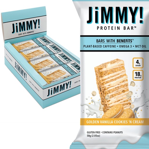 [BRSROBA2BF5RG3T7] JiMMYBAR! - Golden Vanilla Cookies 'N Cream - 18g Protein Bars - Low 4g Sugar - 12 Count - Real Peanut Butter Base with Hand-Drizzled Chocolate Protein Bar - Functional Meal Replacement Bars