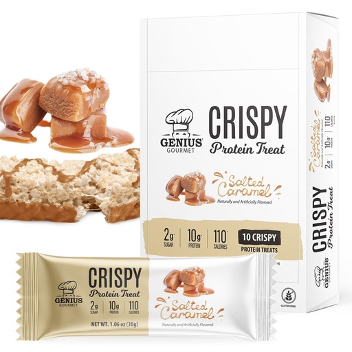 [BRSRMGQTC57QA3IV] Genius Gourmet Crispy Protein Treat, Salted Caramel, Keto Snack, Low Carb, Low Sugar & Gluten Free, Protein Snacks for Adults, 10G of Whey Protein per Protein Bar, 5 Net Carbs, On The Go Snack, 10 CT