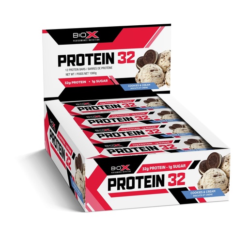 [BRSWIFANDF5AYCA5] BioX Protein 32 Bar | High Protein, High Fibre, & Low Sugar Bar | 32g Protein, 1g Sugar, 8g Fibre | Sourced From Casein, Whey Protein Isolate, Hydrolyzed Whey Protein | Box of 12 Bars (Cookies & Cream)