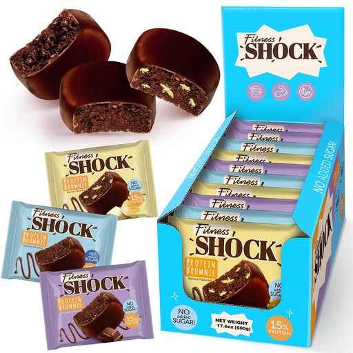 [BRSREAYDOYMRSA37] Fitness SHOCK Protein Brownie Variety Pack - No Added Sugar, 7.5g Protein, Low Carb Guilt-Free Dessert - Chocolate, Coconut, Banana - 0g Added Sugar, 10g Net Carbs, 5g Fiber - 10 x 50g