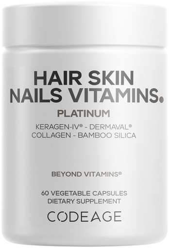[BRSREEIKCF6BUCLB] Codeage Hair Skin Nails Vitamins Platinum - KeraGEN-IV Keratin, Dermaval - Hair Fall, Skin Elasticity & Moisture Support - Biotin 5000, Collagen, Vitamin C, Coffeeberry, PABA Supplement - 60 Capsules