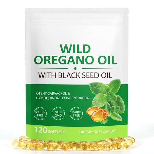 [BRSREZICOYFQEG3H] Oil of Oregano with Black Seed Oil, 6000mg Oregano Oil Capsules Organic, with Black Seed Oil 200mg,Wild Oregano Oil Immune and Antioxidant Support,Non-GMO,Gluten Free (120 pieces of white and green)