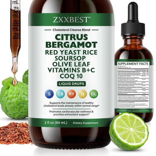 [BRSRGAINOAIWKEL2] Red Rice Yeast for Cholesterol Support - High Absorption Citrus Bergamot Cholesterol Supplements Blend with Red Yeast Rice Extract Liquid, Soursop Drops, Garlic, Olive Leaf & Vitamin C D3 - 2 Fl Oz