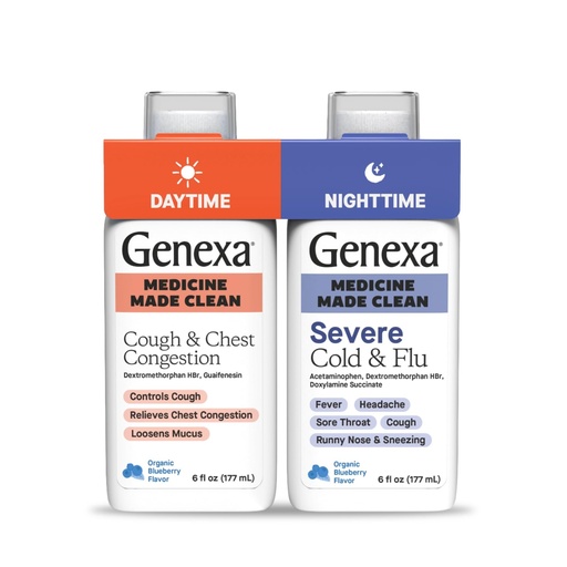 [BRSRAZQOAQAQAETU] Genexa Clean Cough & Congestion + Nighttime Relief Combo Pack, Dye Free, 0% Artificial Additives, Liquid Multi-Symptom Cough, Cold, & Flu, Organic Blueberry Flavor, 12 fl oz (2 Pack)