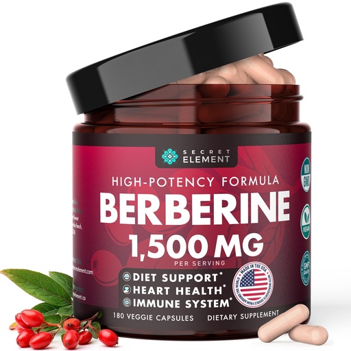 [BRSRGAABBV6Q4GT6] Secret Element Berberine HCL Supplement 1500 mg, High Potency Vegan Capsules with Beet Root, Citrus Bergamot & Black Currant, Non-GMO, 180 Capsules