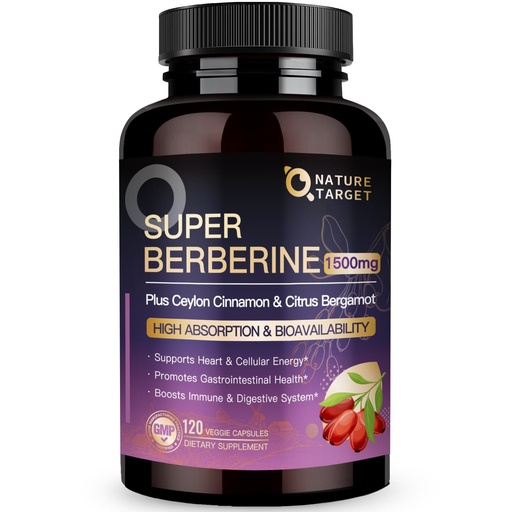 [BRSRE2QZPJ4GEHLZ] NATURE TARGET Berberine Supplement 1500mg, Higher Absorption Berberine HCL Complex with Citrus Bergamot - Supports Gastrointestinal & Immune, Non-GMO, 120 Capsules