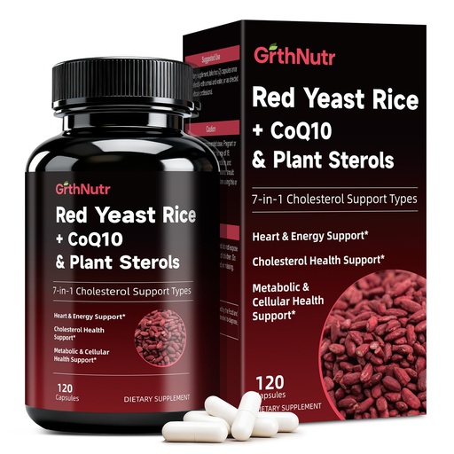 [BRSRGGTYBAJRQALP] Red Yeast Rice 1200mg with CoQ10 Supplement - Healthy Heart & Cholesterol Formula with Phytosterols, Citrus Bergamot, Odorless Garlic, ALA, Supports Cardiovascular Health, Citrinin Free, Non GMO