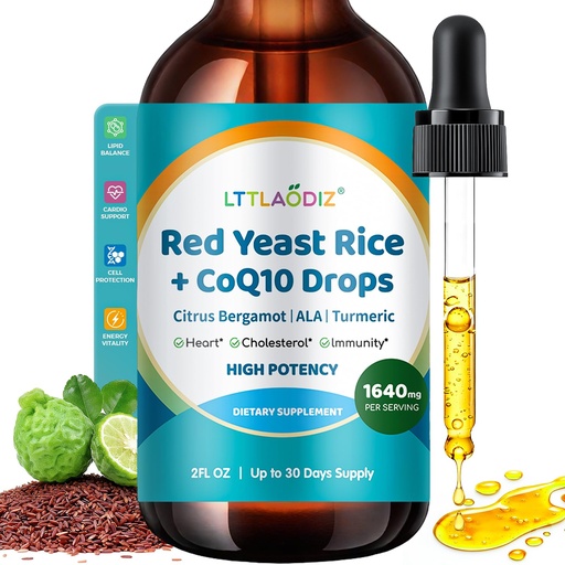 [BRSREAT5DMARYG3O] 1200mg Red Yeast Rice with CoQ10 Liquid Supplement, Red Yeast Rice Extract for Cholesterol Levels Formula with Alpha Lipoic Acid & Citrus Bergamot, 2 fl oz, Citrinin Free