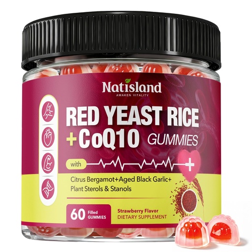 [BRSRGAYTAECGGADF] Red Yeast Rice with CoQ10 Gummies, Red Yeast Rice Supplement with Citrus Bergamot & Plant Sterols, Sugar Free, Vegan, Strawberry Flavor, 60 Count
