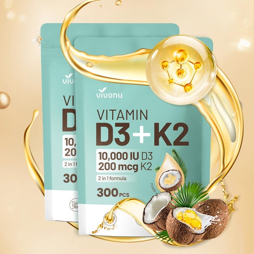 [BRSRAGDRCQFAOFYY] VivoNu Vitamin D3 K2 10000 IU with MK7-300 Virgin Coconut Oil Softgels, 2 in 1 Vitamins D & K Complex | Vitamina D3 con K2 (600 Softgels /2 Bag)