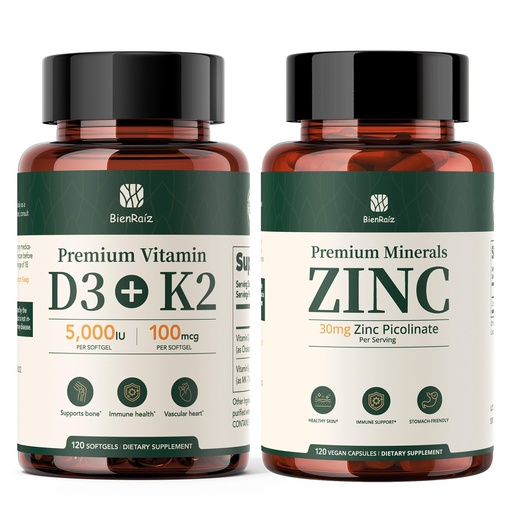 [BRSRYYI7OYPWYDYZ] Vitamin D3 K2 5000IU Softgels & Zinc Picolinate 30mg Capsules Supplement Bundle | 2 Bottles Total (120ct Each), D3 K2 for Bone & Heart Health + High Absorption Zinc for Daily Immune & Skin
