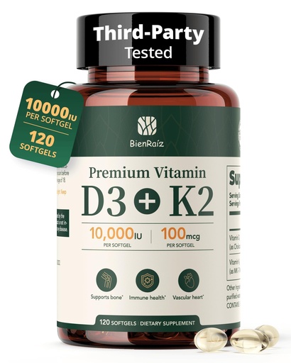 [BRSRGGL7DNYWGYA7] Vitamin D3 K2 10000IU 100mcg MK-7, 120 Softgels, Gluten Free, 2-in-1 K2 D3 Vitamin Supplement for Bone & Heart Health, Immune Support, Energy & Better Calcium Absorption, 4-Month Supply