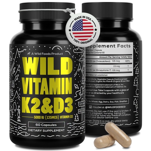 [BRSRA235DN6GAGQY] Wild Foods 5000iu Vitamin D3 + K2 | (100mcg Mk7) with Black Pepper Extract, Plant-Based, Non-GMO, Soy & Gluten-Free | Dietary Supplement | Made in USA | 60 Caps (Pack of 2)