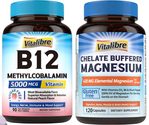 [BRSREGQ6BYNROGTF] Vitalibre Vitamin B12 Sublingual 5000 mcg 90 Tablets Magnesium Citrate 420mg with Vitamin D3 & B6 120 Capsules