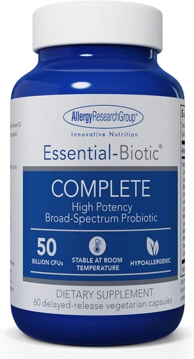 [BRSWGFDYDIAWGHT5] Allergy Research Group Essential-Biotic Complete Supplement - High Potency Probiotics for Men & Women, Supports Gut & Digestive Health, 50 Billion CFUs, Delayed-Release Vegetarian Capsules - 60 Count