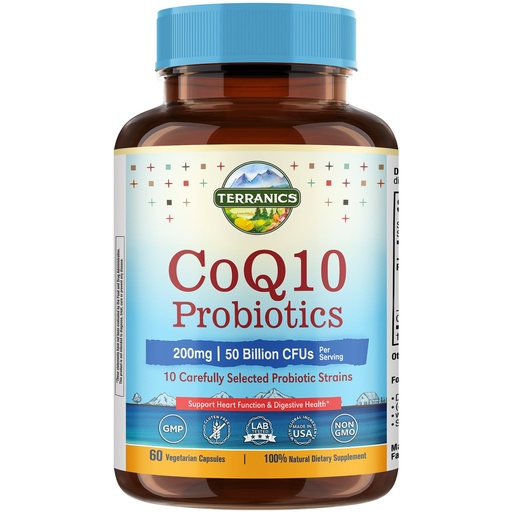 [BRSRGZ33OB6GG2TV] Terranics CoQ10 Probiotics for Women & Men, CoQ10 200 mg, 50 Billion CFUs 10 Probiotic Strains, for Energy Heart & Digestive Health, 60 Vegetarian Capsules