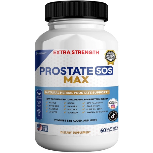 [BRSREHANAUFB4CD3] Prostate SOS Max Supplement, 60 Capsules, Natural Herbal Complex with Saw Palmetto, Vitamin E, B6, 30-Day Supply