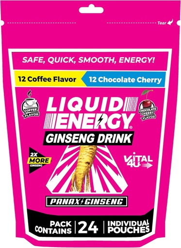 [BRSRO2YFPMFBODQU] VITAL 4U® Liquid Energy Shot - Coffee & Chocolate Cherry Combo Pack, Ginseng, B Vitamins, Naturally Sweetened, 24 ct