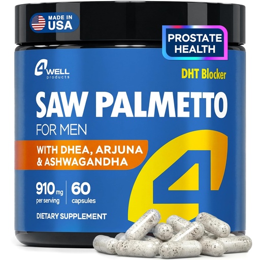 [BRSRAHACBF4BGELV] 4Well Products Saw Palmetto for Men & Prostate Health Supplements with Arjuna Extract - Advanced Formula Saw Palmetto & Arjuna Bark Extract w/DHEA & Ashwagandha 900mg - DHT Blocker for Hair Support