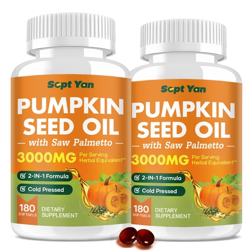 [BRSREAQFCUMQGE33] Pumpkin Seed Oil with Saw Palmetto Capsules, 3000mg Per Serving, Pumpkin Seeds Oil Supplement, Supports Immune, Hair, Urinary, Bladder & Prostate Health, Non-GMO, 360 Softgels