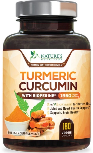 [BRSWKHDYBIFAOCTE] Turmeric Curcumin Supplement - 95% Curcuminoids with Organic Turmeric & BioPerine Black Pepper for Best Absorption - Daily Joint & Immune Health Support, Vegan, Non-GMO, Bottled in USA - 180 Capsules