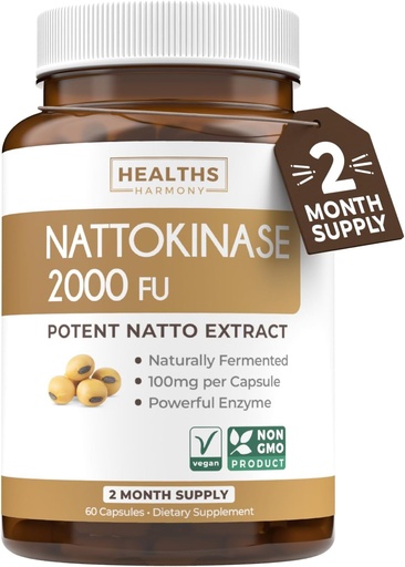 [BRSRA232C4MQGYLU] Healths Harmony Nattokinase 2000 FU (Non-GMO) Powerful Nattokinase Supplement Made from Naturally Fermented Soybeans - (2 Month Supply) 60 Vegan Natto Capsules