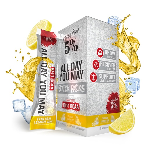 [BRSRMHD3CADQ22TX] 5% Nutrition Rich Piana AllDayYouMay BCAA Powder Stick Packs | Hydration Powder Packets | Electrolyte Drink Mix | Muscle Endurance & Recovery | Vegan & Keto | (Italian Lemon Ice) (10 Count)