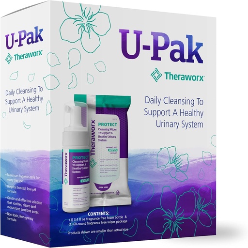 [BRSWYZQCCUARQAY3] Theraworx Protect U-Pak 60-Ct Wipes & Hygiene Foam 3.4 oz para la salud urinaria (Pack of 1)