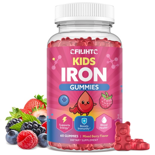 [BRSRECYECFYWMFLF] Iron Gummies for Kids & Teens, Kids Multivitamin with Iron Supplement, Calcium, Folate, Zinc, Prebiotic - for Blood Builder & Energy Support, Iron Deficiency - Vegan & Non-GMO - 60 Count Mixberry