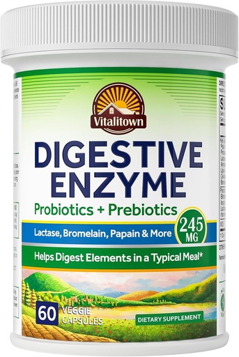 [BRSRAFAFCUGQKH3X] Vitalitown Digestive Enzyme | 3-in-1 Formula | Probiotics + Prebiotics | 60 Veg Caps | 245 mg | Seven Key Enzymes | Bromelain, Lactase | for Digestion | Vegan, Non-GMO