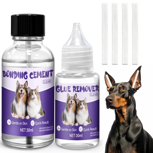 [BRSRGAI3BEPAOCL6] All-in-One Ear Posting Kit with Bonding Cement for Dogs, 4pcs Ear Tapes and 30ml Glue Remover for Doberman, Corgi, Yorkie Daily Care, Quick & Long-Lasting