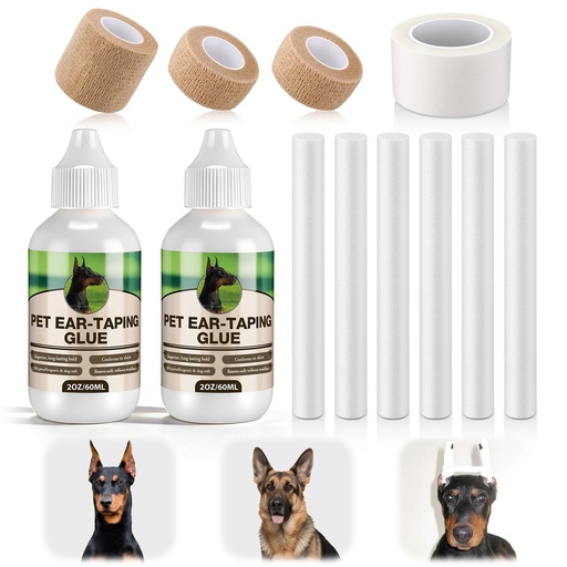 [BRSRGC36B57WE2DZ] Doberman Ear Posting Kit with 2 Pack Liquid Dog Ear Bonding Cement (60ml Each) + 6 Stand Up Support Posts + 3 Elastic Tapes + 1 Non Woven Tape, Safe & Non Toxic Skin Glue for Pet Training