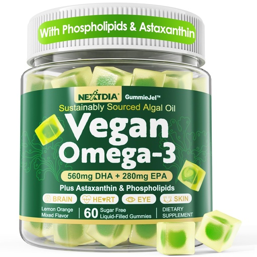 [BRSRAFT2AF6QE3DU] Vegan Omega 3 Gummies + Phospholipids, Astaxanthin, Vitamin D3, DHA 560mg & EPA 280mg, Fish-Free Algae Omega 3 Supplement for Adults & Kids for Brain, Eye, Skin and Overall Health, Sugar Free, 60 Cts