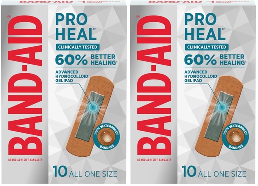 [BRSRAYYOOAIA2C3F] BAND-AID Brand Pro Heal Adhesive Waterproof Bandages, Hydrocolloid Gel Patch for First Aid, Clinically Tested for Better Healing of Minor Blisters and Wounds, One Size, 10 Count (Pack of 2)