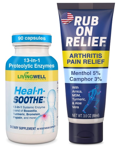 [BRSW2A37AEDWC3T6] RUB ON RELIEF & HEAL-N-SOOTHE Bundle - Topical Pain Relief Cream for Joints, Knees, Shoulders and Back plus Proteolytic Enzymes for Joint Support for Men and Women - 2-Pack, 3oz Cream & 90 Capsules