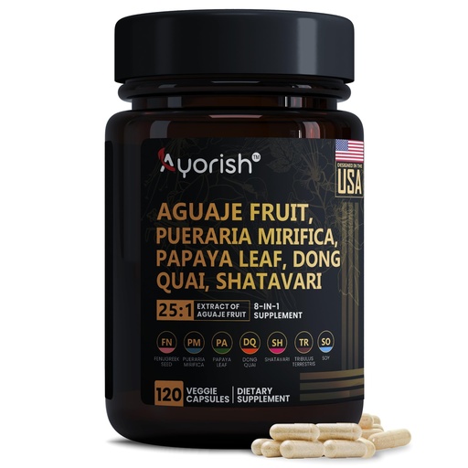 [BRSROHAQPIOREALB] Aguaje Fruit Supplement1000mg 25:1 with Pueraria Mirifica, Papaya Leaf, Dong Quai, Shatavari, Wild Yam,Fenugreek Seed 120 Veg Capsules
