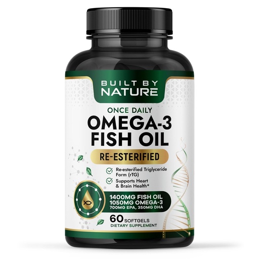 [BRSRGZQPOZYBOCI4] Built by Nature Omega 3 Fish Oil 1400 mg – Re-esterified Triglyceride Form (rTG) Fish Oil with High EPA & DHA – Omega-3 Supplement for Women & Men – 60 Softgels