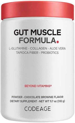 [BRSRYZTRPIMAE2T7] Codeage Gut Muscle Formula - L-Glutamine, Hydrolyzed Collagen, Prebiotic Fiber, Aloe Vera, Probiotics, Zinc - Sports Nutrition Supplement, Chocolate Brownie Flavored-Powder - Non-GMO - 11.7 oz