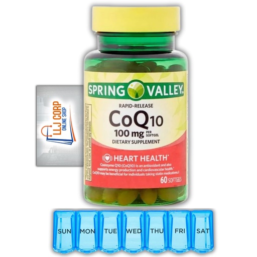 [BRSRAYI6CQAWGALB] Spring Valley Rapid-Release CoQ10 Heart Health Dietary Supplement Softgels, 100 mg, 60 Count, Bundle with Weekly Pills Planner + LLJ Corp Sticker., White