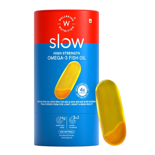 [BRSREYDRDINWE3QY] WELLBEING NUTRITION Slow 4X Strength Omega 3 Fish Oil Capsules | 1850mg with EPA 720mg, DHA 500mg & Curcumin for Men & Women | No Fishy Burp | for Brain, Heart, & Joint Health, 60 Capsules