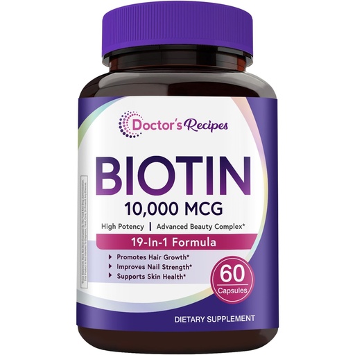 [BRSRABINBZ4BAFAY] Doctor's Recipes Biotin Complex, Hair, Skin & Nails, with Vitamins A, C, D3 & B, Collagen, Keratin, MSM, Hyaluronic Acid, Amino Acids, Choline & Inositol, Metabolism, Nerve Health, 60 Caps