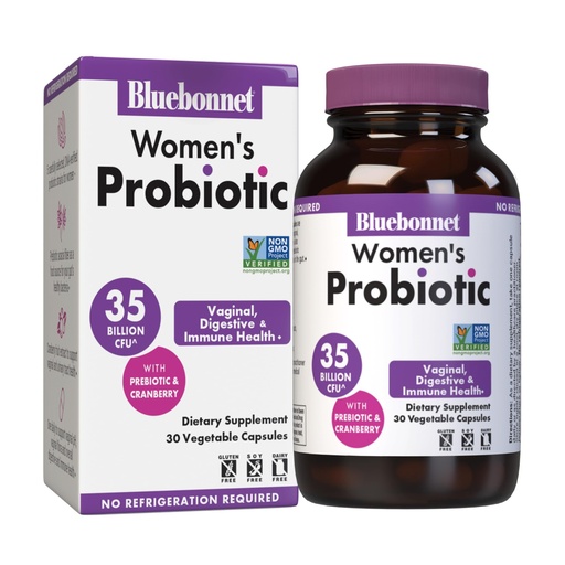 [BRSREYYTBEGQE3TU] BlueBonnet Nutrition Women’s Probiotic 35 Billion CFU^ Shelf Stable - Urinary Tract, Vaginal pH, Digestive, Immune* - Prebiotic and Cranberry - Non-GMO, Free of Dairy, Gluten & Soy - 30 Servings