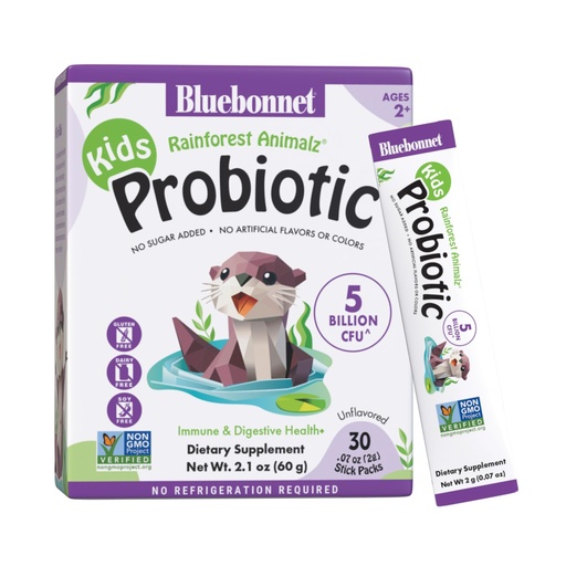 [BRSRE2QNCQCREYDU] BlueBonnet Nutrition Rainforest Animalz Kids Probiotic 5 Billion CFU^ - Gut, Digestive & Immune Health - Non-GMO Free of Dairy, Gluten, Soy, Sugar, Artificial Flavor & Color - Unflavored, 30 Servings