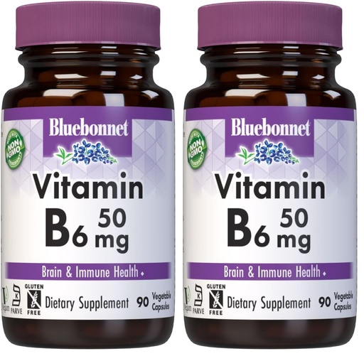 [BRSREADROQPGM3TH] BlueBonnet Nutrition Vitamin B6 50mg Energy Vitamins for Women & Men - Nervous System Immune & Heart Health Support Supplement - Non-GMO, Vegan, Gluten-Free - 90 Vegetable Capsules (Pack of 2)