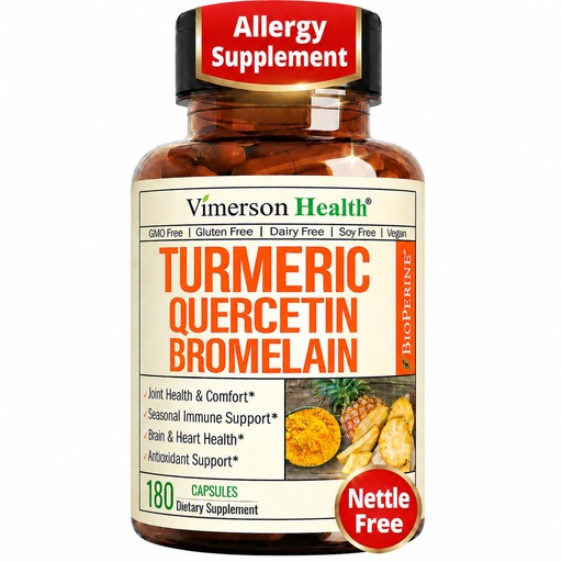 [BRSROFT3CAMQGFL4] Quercetin with Bromelain Turmeric Curcumin Supplement – Triple Action: Allergy Relief, Inflammation and Joint Support with Organic Tumeric + Bioperine for Max Absorption – 180 Quercetin 500mg Capsules