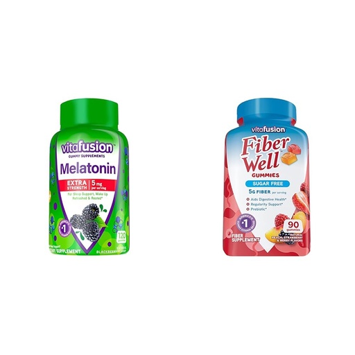 [BRSROAINPNYQOH3G] Vitafusion Extra Strength Melatonin Gummy Vitamins, 5mg, 120 ct Gummies & Fiber Well Sugar Free Fiber Supplement, Peach, Strawberry and BlackBerry Flavored Supplements, 90 Count