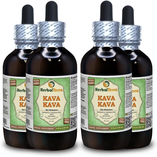 [BRSWGBQPB54AOYDV] Kava Kava (Piper Methysticum) Glycerite, Сушен екстракт от безалкохолен алкохол (Brand Име: HerbalTerra, Гордо Made in USA) 4x4 fl.oz (4x120 ml)